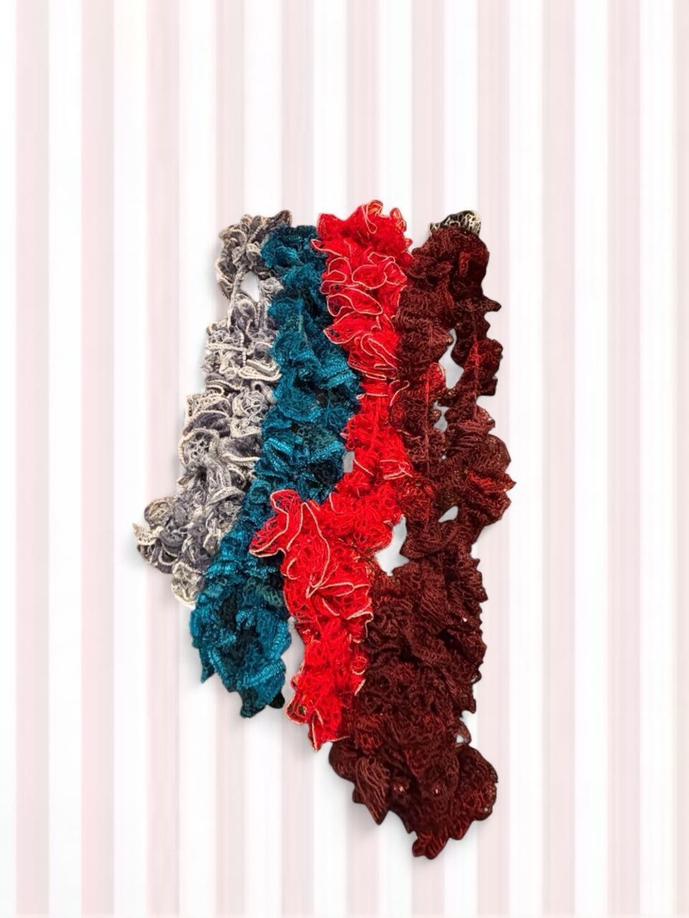 Ruffled Knit Scarves Bundle - Teal, Red, Burgundy, Gray